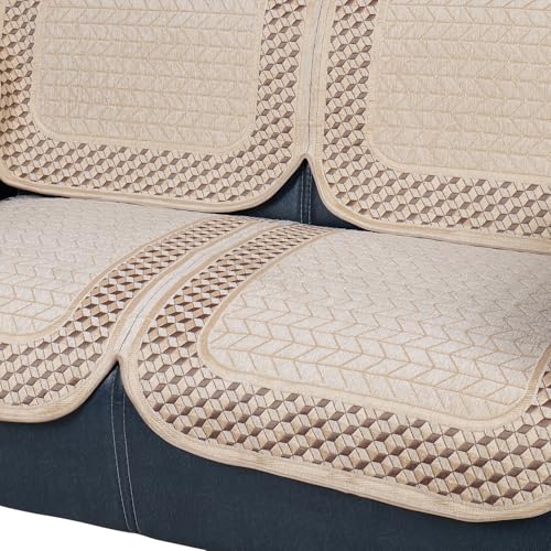 Image of Premium Chenille Woven Anti-Slip 7 Seater Sofa Cover | L-Shape Sofa Seat Protector for Living Room | Durable & Stylish Slipcover - Beige 3D
