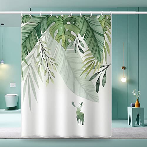 ZUMLLOMA Duschvorhang 180x200 Antischimmel Waschbar, Shower Curtains Anti Mold, Duschvorhang Boho Style Weis Feder, Gewichteter Saum, Textil aus Polyester Stoff mit 12 Duschvorhängeringen (Hojas)