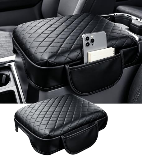 Image of Center Console Cover for Ford F250 /F350 /F450 /F550 Super Duty 2026 2025 2024 2023, Fits Bucket Seat Only, 1.2-Inch Thick PU Leather Armrest Cushion Protector with 2 Side Pockets, Black