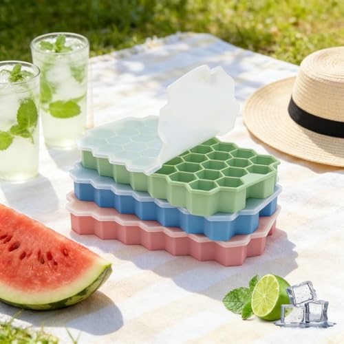 Image of Ice Cube Trays for Freezer, 3 Pack Silicone Ice Cube Mold with Lid-37 Grid, Easy-Release Reusable 111 PCS Small Ice Cubes for Ice Bucket Iced Coffee Cocktail Whisky Soup Food