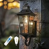 Emliviar Solar Exterior Front Porch Light with Remote Control, 3 Lighting Modes Waterproof Solar Wall Lantern, Auto On/Off Black Outside Light with Clear Glass, 500181-SL BK