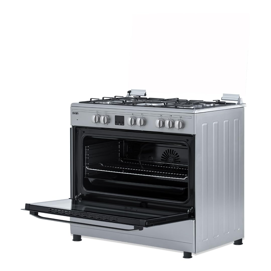 Svan Cocina Mixta gas Butano 5 Zonas de Cocción, Horno 97 L, Inox SKMW5901X. Control Manual, Quemador WOK triple llama, 9 Programas de Cocción, Tapa Abatible