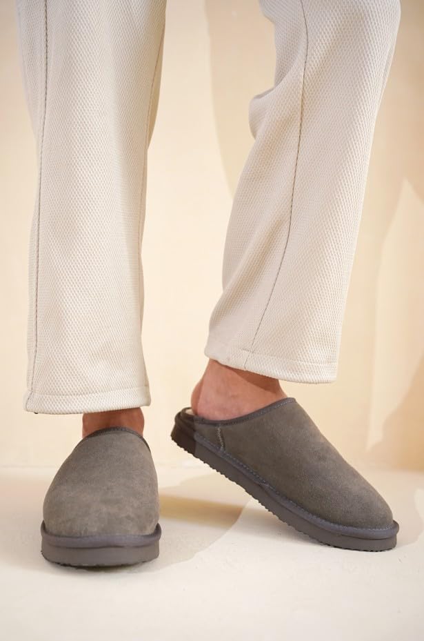 Image of Project Cloud Men's 100% Genuine Leather Shearling Memory Foam Slippers | Genuine Shearling Lining and Lightweight Non-Slip Indoor & Outdoor Wear Slippers for Men - Water-Resistant Mens Slippers