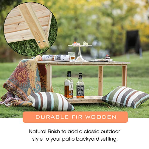 Image of LOKATSE Home Outdoor Coffee Table Natural Wood Patio Furniture with 2-Shelf Storage Organizer