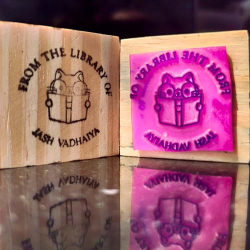 Image of Kunya Personalised Book Stamp with Your Name(3.5 cm Dia), customised for Stamping Books for Readers, Great Gift for booklovers, Kids, Teachers (Smart Cat)