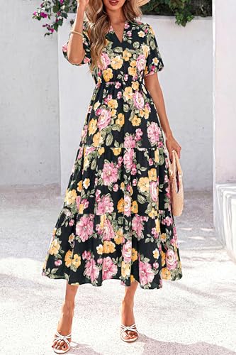 dowerme Womens Summer Dresses 2026 Casual Puff Short Sleeve V Neck Floral Boho Tiered Ruffle Maxi Dress with Pockets(Black Yellow Pink Floral,Large) — view 3