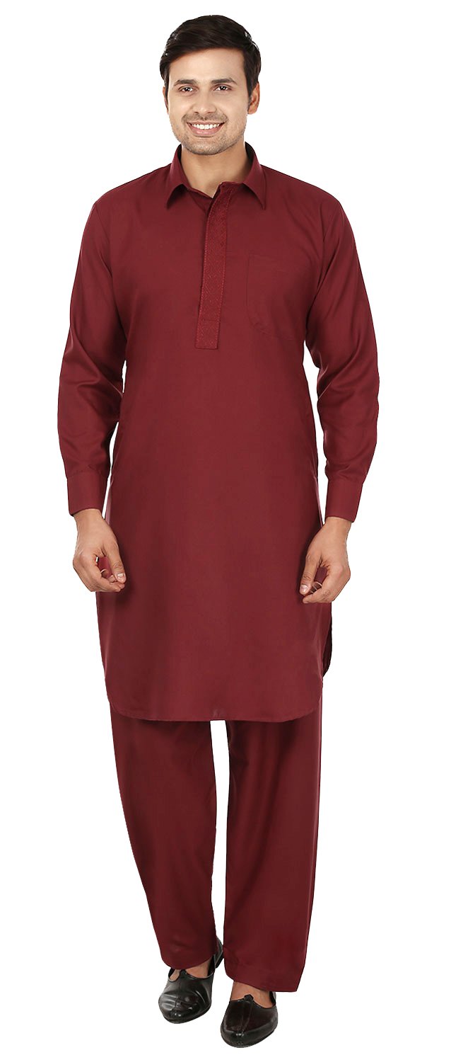 Maple ClothingMen's Pathani Kurta Pyjama Set Indian Party Wear (Maroon, Xl)
