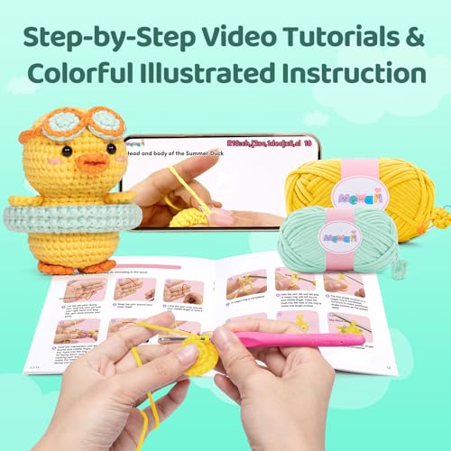 Image of Mewaii Crochet Kit for Beginners Level 2 with 40% Extra Pre-Started Easy Yarn, Step-by-Step Video Tutorials for Adults and Kids (Summer Duck) | 40% Extra Yarn, Photo & Video Guide, Pre-Started Piece, Complete Tool Kit, Creative Craft Gift for Adults & Kids