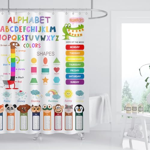 Image of ABC Educational Shower Curtain Kids Learning Tool Funny Cartoon Animals Colors Shapes Weathers Multiplication Table Girls Boys Colorful Decor Waterproof Fabric 72Lx72W Inch with Hooks