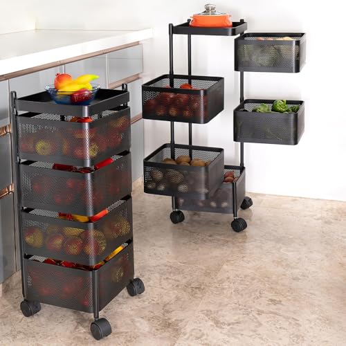 Image of MARKWELL Black Modern Kitchen Trolley with Wheels, 5-Tier Storage Solutions for Kitchen Organization and Accessories (Layer 5)