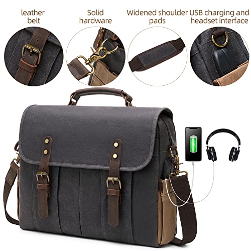 Bovip 15.6 Inches Vintage Mens Messenger Bag Water Resistant Genuine Leather Canvas Satchel Shoulder Bag Briefcase Laptop Bag With Usb Charging,Headset Port,Dark Gray #TOP2