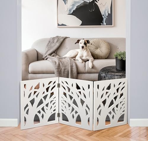 47.5" Indoor/Outdoor Free Standing Adjustable Solid Wood 3 Panel Cluster of Trees Design Pet Gate - White
