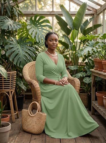 Image of PinkPatty Plus Size Maxi Dresses for Women Casual Flowy Long Dress 3 /4 Sleeve V Neck Wrap Dress with Belt