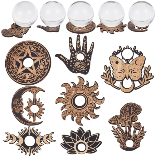 CREATCABIN 8Pcs Planchette Wooden Mini Crystal Sphere Display Stand Crystal Holder Mushroom Palm Moon Butterfly Witch Stuff Wiccan Small Tray Altar Tarot Decor Witchy Supplies for Ball Stones