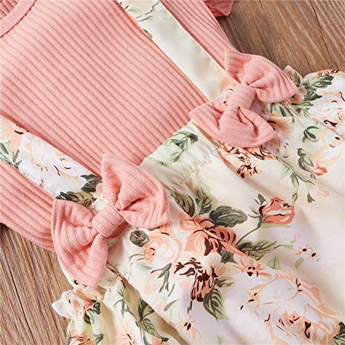 Newborn Baby Girls Short Sleeve Ribbed Ruffle T-Shirt and Floral Suspender Shorts Outfit with Headband - Image 5