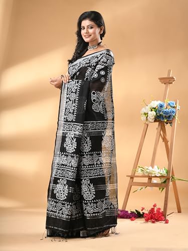 Image of WoodenTant Women's Linen Slab Cotton Blend Block Print Saree with Blouse Piece | Traditional Soft Saree (6.5m Length, 1.2m Width)