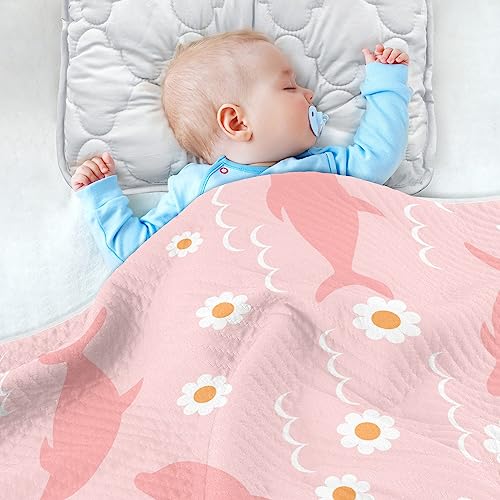Image of Swaddle Blanket for Pink Dolphins Floral Baby Receiving Blanket Muslin Baby Swaddles Soft Cotton Breathable Nursery Blankets for Unisex Boys and Girls 30x40 Inch