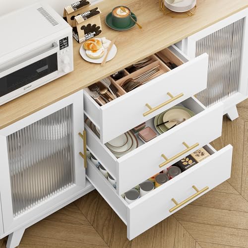 Image of Buffet Cabinet with Storage, 56 inch Sideboard Cabinet with Adjustable Shelves & Fluted Glass Doors - Contemporary Coffee Bar Cabinet for Kitchen & Dining Room,Woodgrain