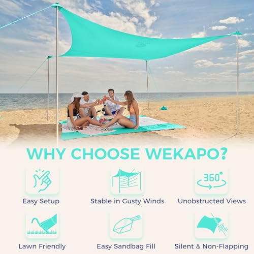 WEKAPO Beach Tent Sun Shelter - Easy Setup Beach Canopy with 4 Sturdy Poles, Large Sandbags and Shovel, 6'7'' Tall, Windproof Sun Shade for Backyard and Camping, UPF 50+ Protection - Image 2
