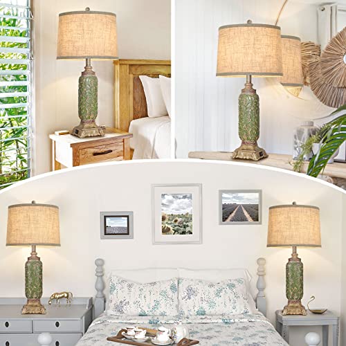 Set Of 2 Table Lamps, 28In Tall Vintage Beside Lamps With 2 Usb Ports, Resin Nightstand Lamps For Living Room Bedroom, Retro Carved Traditional Farmhouse Green Desk Lamps With Rotary Switch E26 Base #TOP3