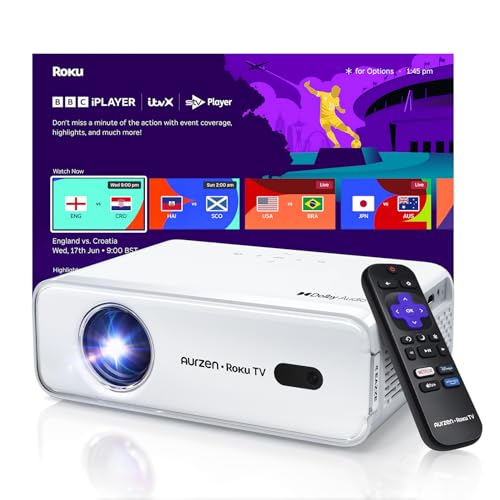 Aurzen Roku TV Smart Projector for Bedroom Roku Streaming Experience Built-in 1080P FHD Dolby Audio Auto Focus & Keystone Zoom Portable Mini Projector for Outdoor Movie White