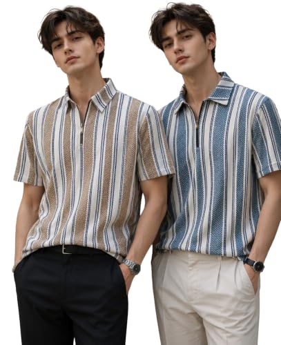 Image of London Hills Men's Loose Fit Half Sleeve Vertical Striped Polo T-Shirt with Zip Collar | Premium Polyester Fabric | T Shirt for Man | Tshirt | Shirts Men | Tshirt for Man | Men T-Shirts