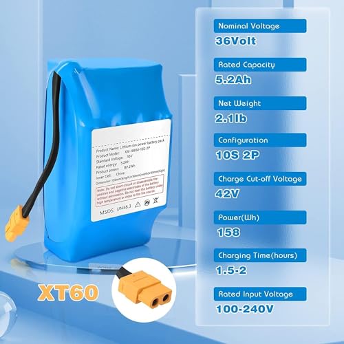 HaiNXC 36v Lithium Battery 36 Volt 5.2mah 5200mah Battery Replacement with XT60 Plug Configuration 10S2P.