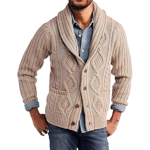 Mens Twists Knitted Sweater Cardigan Cable Knit Shawl Collar Loose Cardigans Stand Collar Cable Knit Button Sweaters (Khaki,Large)