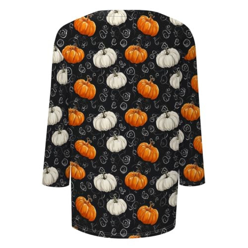 Image of Women Spooky Halloween Graphic Shirt 3 /4 Length Sleeve Crewneck Top | Halloween Funny Printed Pumpkin Plus Size Tshirts 2026 Fall Outfits Skeleton Tee Going Out Tops