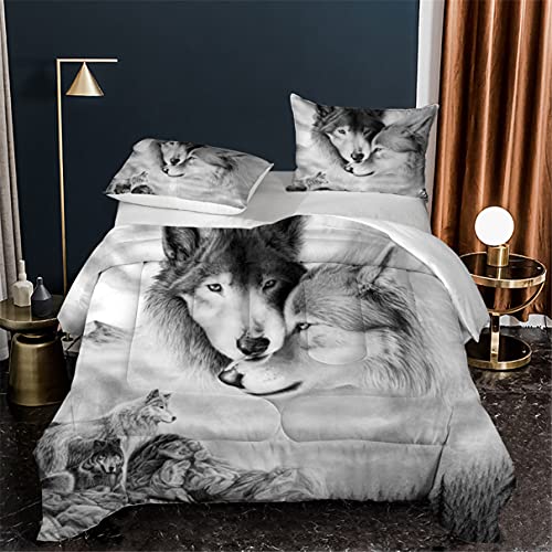 Grey Wolf Couples Comforter Set King Size Lovers Wolf Pattern Printed Bedding Quilt Duvet Set 1 Comforter+2 Pillowcases #TOP9