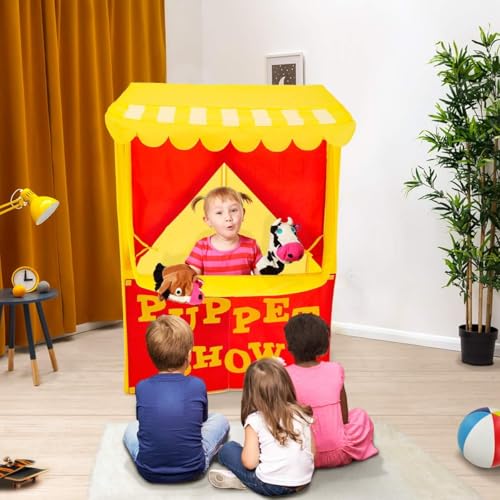 Image of Alvantor Lemonade Stand Puppet Show Theater Pretend Playhouse Play Tent Kids on Stage Doorway Table Top Sets for Toddlers Curtain Foldable Rods Children Dramatic Furniture, 28 inchX20 inchX41 inchH, Yellow