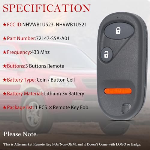 image for MechanMagic Key Fob Remote Replacement Fits for Honda Civic EX LX DX 2