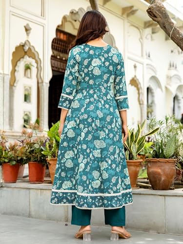 Image of Pure Cotton Anarkali Kurta Set for Women with Dupatta | 3 Piece Cotton Anarkali Suit | Floral Aari Work | Flared Ethnic Wear