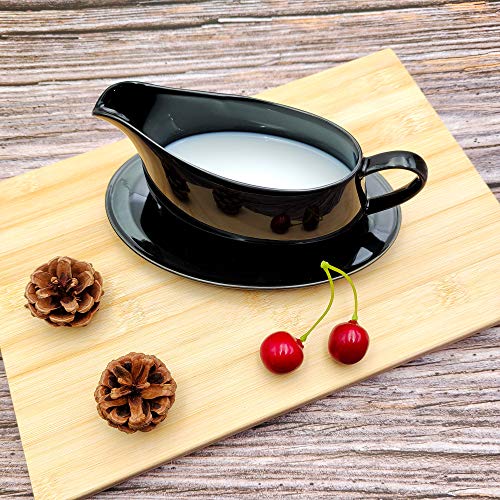 Gravy Boat with Ceramic Tray, 1 PC 8 oz Easy Pour Black Gravy Boat with Saucer Stand for Salad Dressings, Milk,Broth, Creamer and More/ Microwave & Dishwasher Safe (Black)