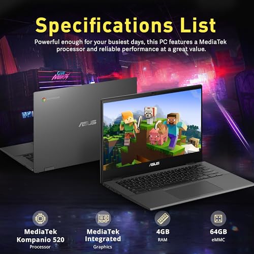Image of ASUS Chromebook CM1402 14 inch FHD Anti-Glare Laptop, MediaTek Kompanio 520, 4GB LPDDR4X, 64GB eMMC, HD Webcam, Wi-Fi 6, Bluetooth, Chrome OS, Gravity Gray (Renewed)