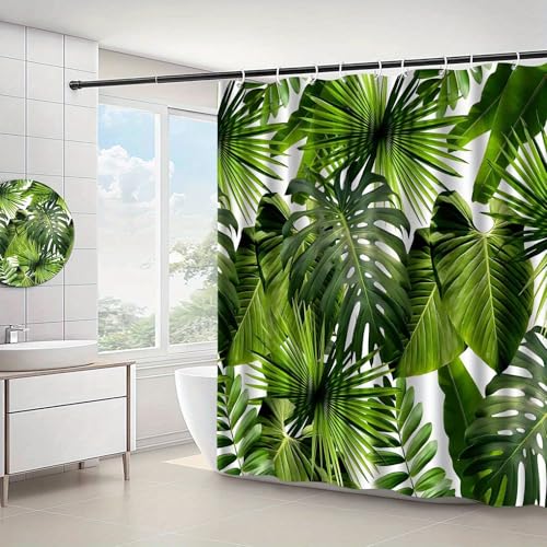 Rideau de douche textile grand format a motif exotique de palmier