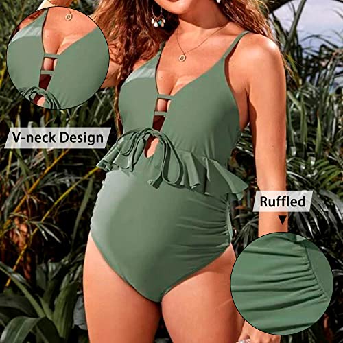 Tofern Maternity Swimsuit One Piece V Neck Pregnancy Swimwear Bathing Suit Ruffled Maternity Bikini Monokini Green,L #TOP1
