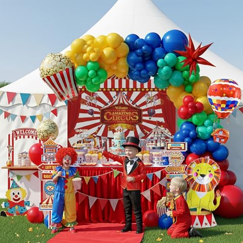 Image of Carnival decorations & include red blue yellow balloon & foil hot air popcorn lion balloons & striped banner & Backdrop carnival Circus road sign paper card Signboard decor for Circus decorations