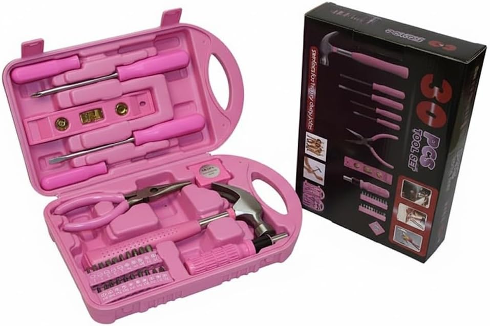Carbon Steel 30 Pieces Pink Tool Set Kit Perfect For Heavy Duty Jobs (Bonus Portable Box Case)