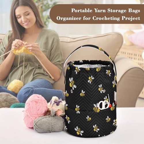 Image of Fustylead Bee Large Yarn Storage Tote Basket, Knitting Crochet Drawstring Organizer Bag for Crocheting Project, Yarn Balls, Needles Accessories