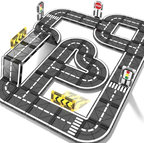 Techshining 26PCS Magnetic Road Tiles Set with Cars & Traffic Lights, STEM Magnetic Building Blocks for Kids Ages 3+, Preschool Educational Construction Toys for Boys and Girls