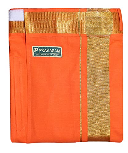 Image of PRAKASAM COTTON Velcro Pocket Dhoti for men, 2 inch Jari Border Mundu, Readymade Dhoti for men, South Indian Veshti