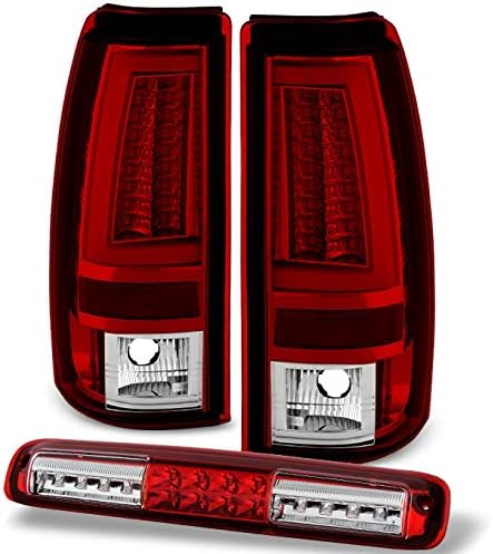 AKKON - For 99-03 Chevy Silverado | GMC Sierra Red Clear LED Tube Tail Brake Lights + LED 3rd Cargo Lamp
