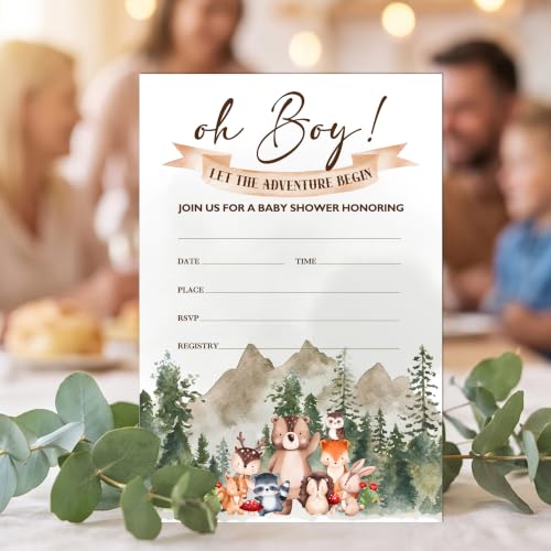 Cazhes Oh Boy! Baby Shower Invitations, 25 Double-Sided Adventure Baby Shower Invites with Envelopes, Woodland Animals Party Decorations Supplies Favors - A01