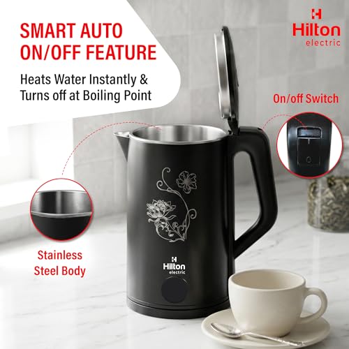Image of Hilton Premium Black 2 Litre Electric Kettle | 1500-Watt with Stainless Steel Body, Cool Touch Handle, Auto Switch-off Mechanism for Boiling Water, Tea, Coffee & instant noodles