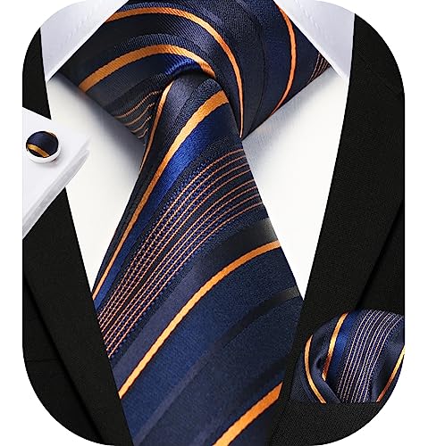 Image of HISDERN Mens Ties Set Stripe Plaid Ties for Men and Pocket Square Cufflinks Formal Silk Necktie Wedding Business