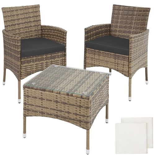 tectake® Poly Rattan Möbel Gartenset mit Wechselbezügen, 2 Stühle und Tisch mit Glasplatte, 2X Outdoor Lounge Sessel mit Armlehne und Gartentisch, Gartenmöbel Set, Balkonmöbel - Natur