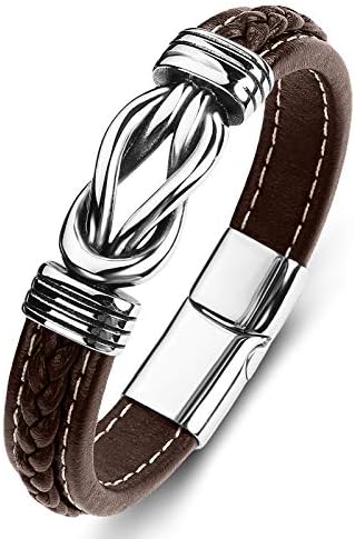 LJWVX Genuine leather Bracelet for Men Wristband Cuff Bangle Bracelets Stainless Steel Clasp 8.0-8.5 inches