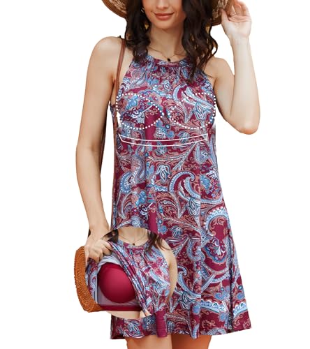 Image of ANYFITTING Summer Dress with Built in Bra Casual Beach Sundress Flowy Halter Mini Short Dresses for Women 2026