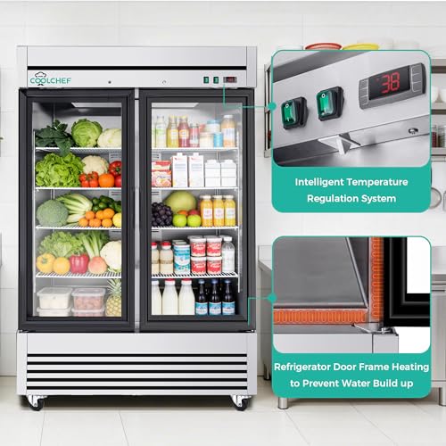 Image of COOLCHEF 54 inch Commercial Glass Door Refrigerator, 49 Cu.Ft Double-Door Reach-In Cooler, 33-40℉, Double-Layer Low-E Glass, 8 Shelves, R290